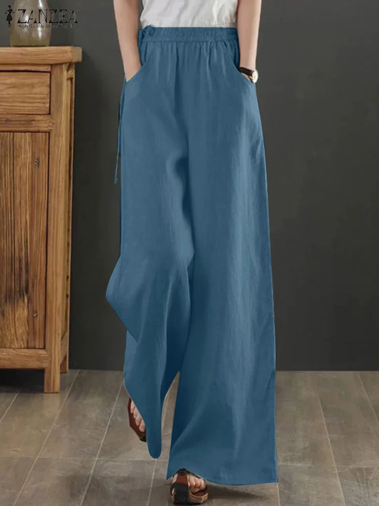 

ZANZEA Autumn Elastic Waist Solid Wide Leg Pants Fashion Loose Long Pantalon Oversize Casual Palazzo 2023 Vintage Women Trousers