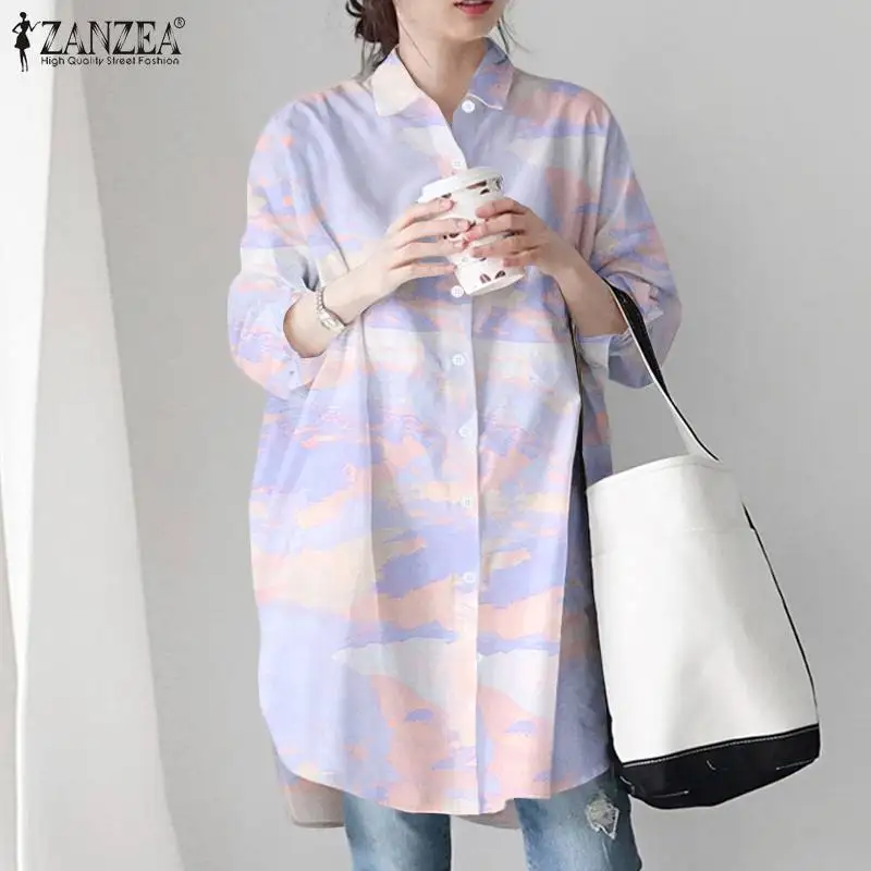

2022 Spring Printed Blouses Long Sleeve Lapel Blusas ZANZEA Stylish Women Shirts Casual Loose Chemise Irregular Tops Oversized