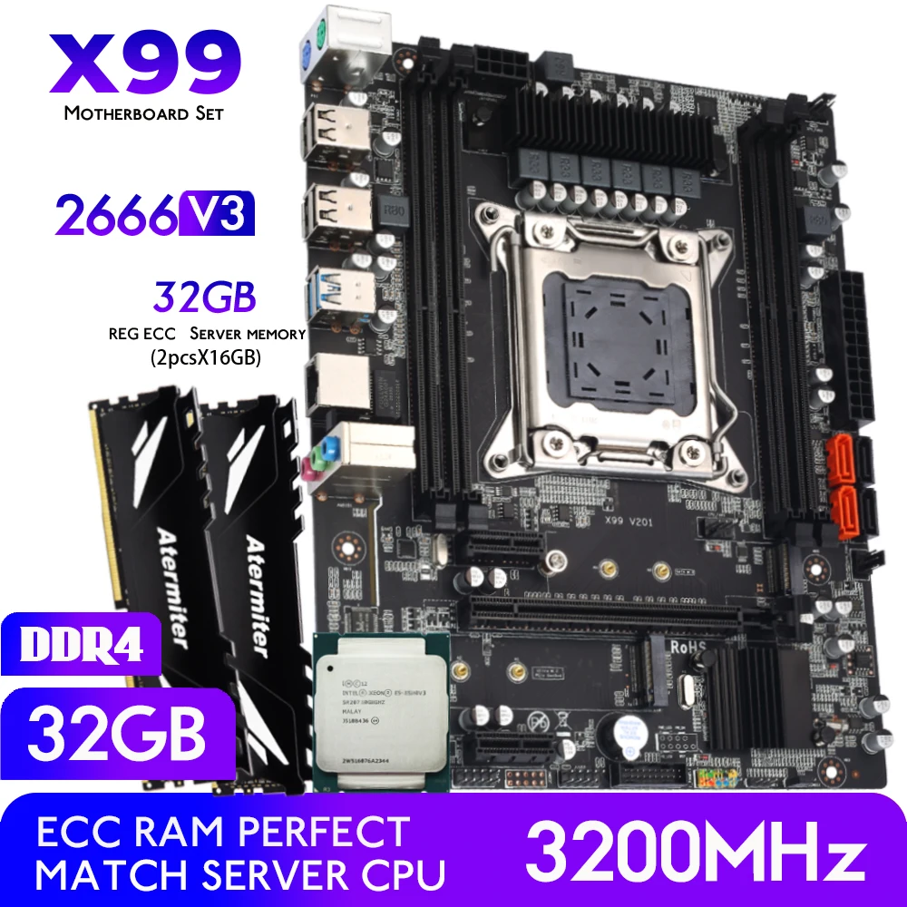 Комплект материнской платы Atermiter X99 LGA 2011-3 Xeon E5 2666 V3 ЦП и DDR4 32 Гб (2 шт. x 16 ГБ) память REG