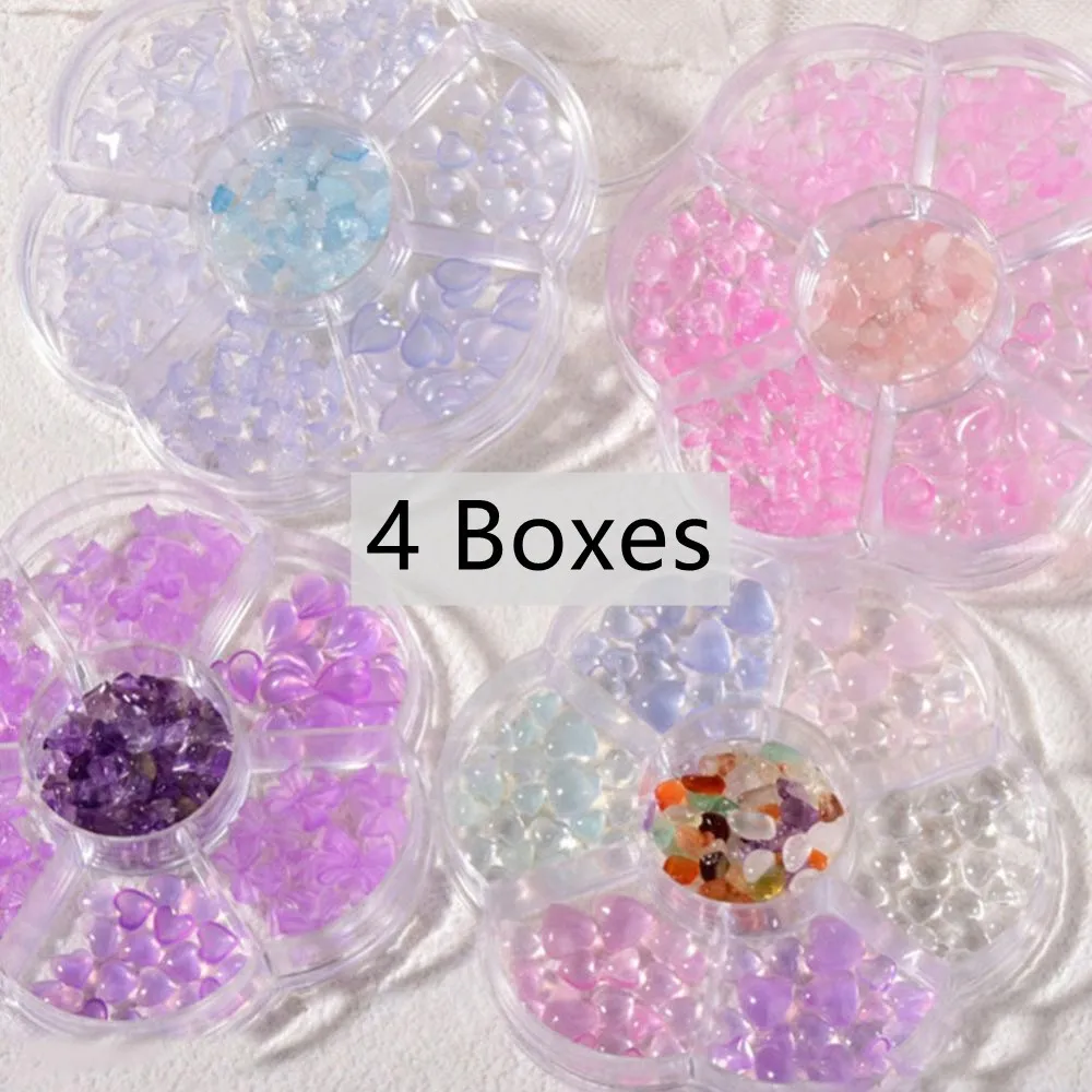 

4 коробки украшений для дизайна ногтей, 7 ячеек, конфетных цветов, изменение цвета, акриловое сердце, персик, медведь, лук, искусство, инструмент для дизайна ногтей, аксессуары