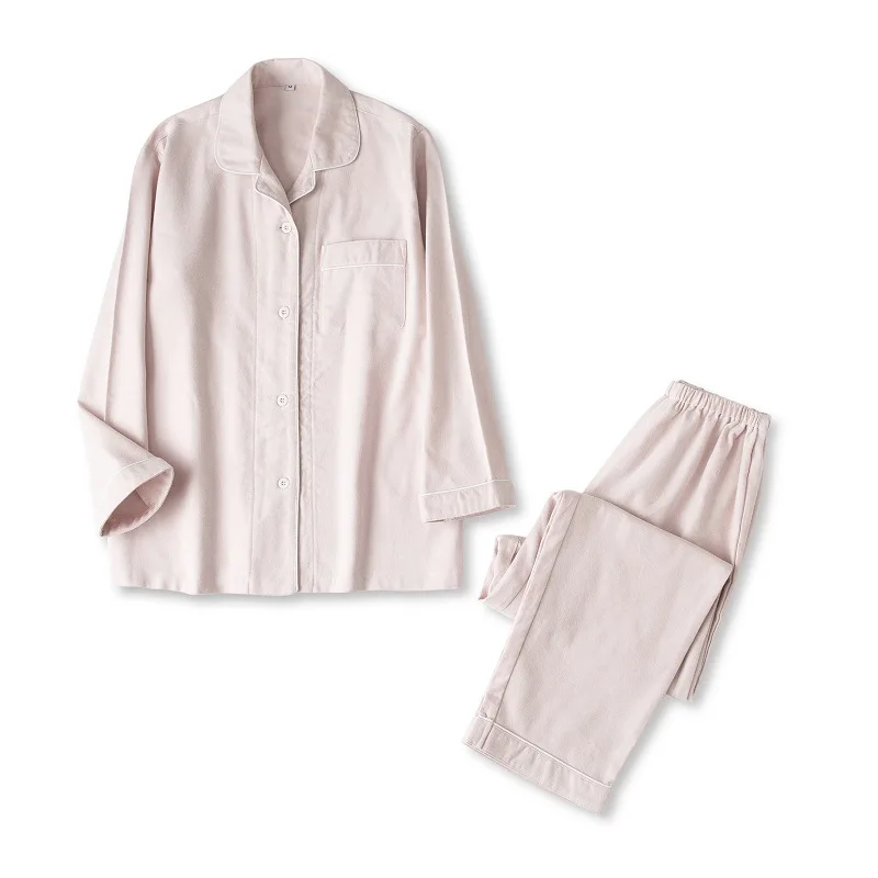 Pajamas Women Spring and Autumn Couple Pure Cotton Herringbone Pattern Good-quality Two-piece Loungewear  with Turn-over Collar
