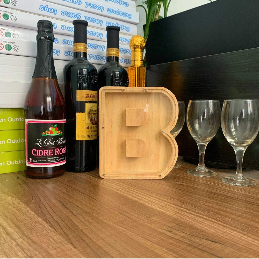 Деревянная копилка с 26 буквами и именной наклейкой персонализированная