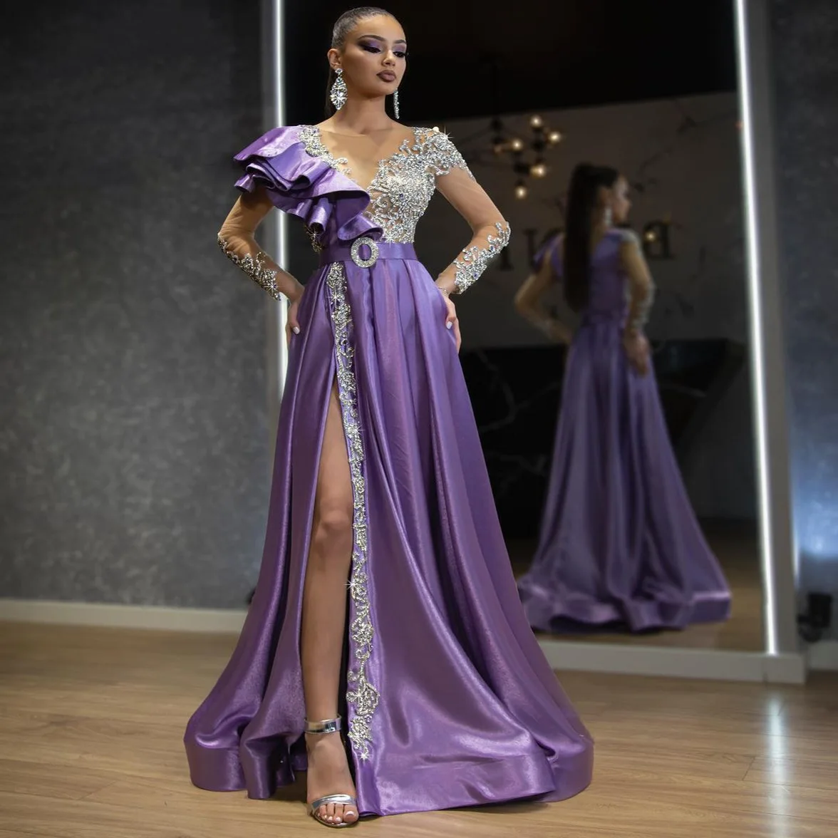 

Women's Clothing Evening Dress Purple Banquet Prom Dress Sequins Reach The Ground Hand Embroidery Slit Mesh Long Sleeves Dress