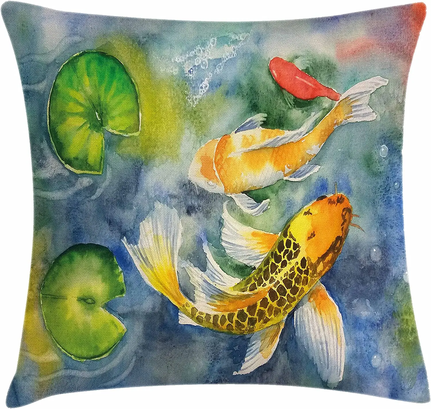 

Lunarable Koi Fish Throw Pillow Cushion Cover, Lillies Marine Life Colorful Watercolor Drawing of Divine Animal