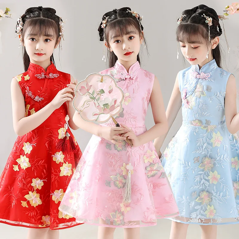 Four Seasons Dress Chinese Vintage Embroidery Cheongsam Dresses Party Wedding Dance Red Frocks 110-160 Girls Hanfu Costumes