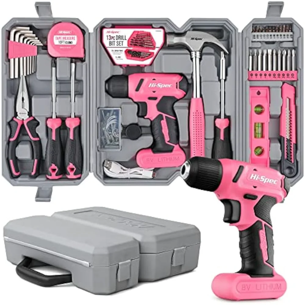 

Hi-Spec 58pc Pink 8V USB Electric Drill Driver & Household Tool Kit Set With Variable Speed DIY Cordless Power Screwdriver