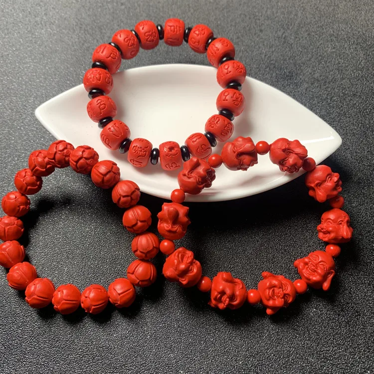 

Natural Red Organic Cinnabar Buddha Head Bracelet Men Women Pulsera Feng Shui Cinnabrite Crystal Lotus Beads Amulet Bracelets