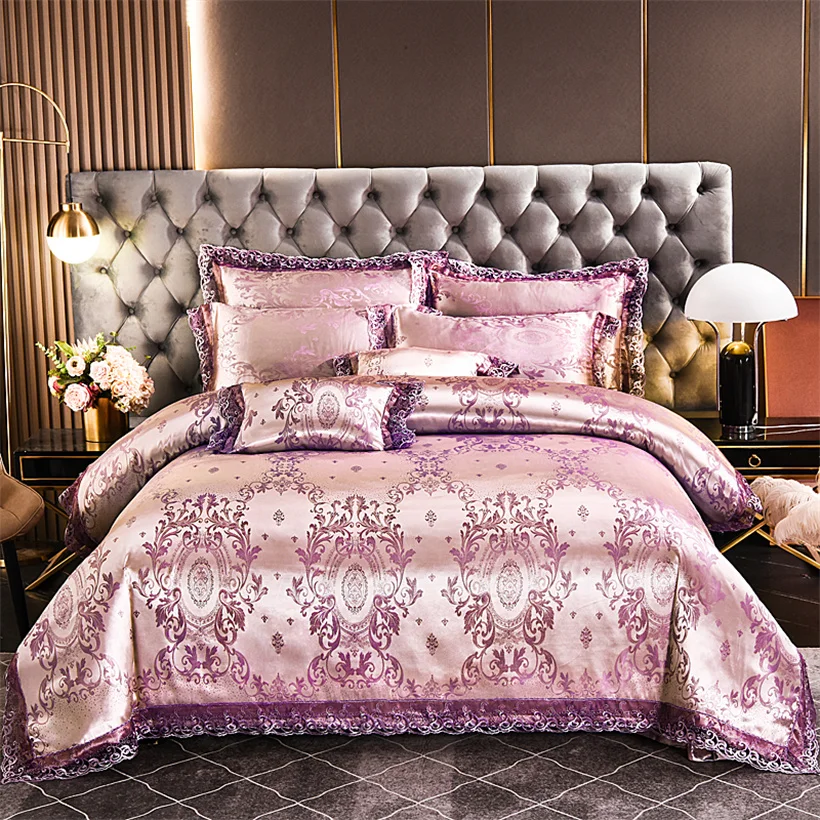 Pink Purple Satin Jacquard Bedding Set Luxury Silky Duvet Cover Set with Bed Sheet Pillowcase Euro Comforter Quilt Cover Comfort