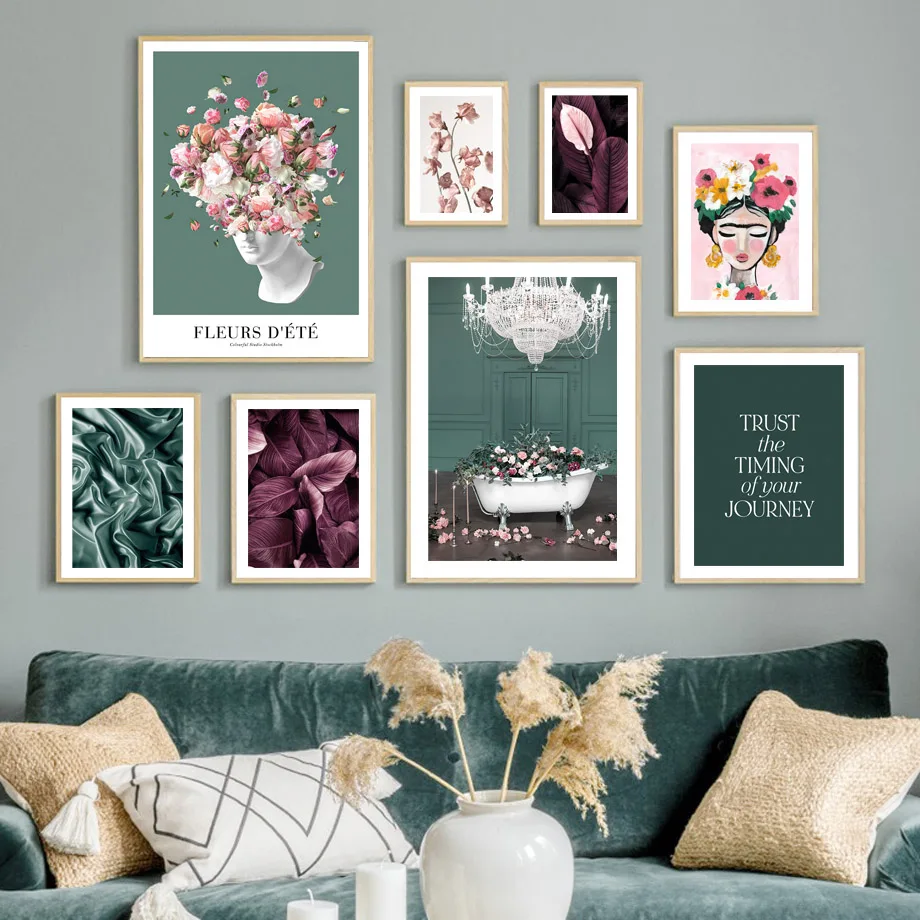 Цветущая статуя ванная розы розовые пионы бутоны тюльпанов картина на холсте печать настенное искусство постер нордический рисунок для декора гостиной.