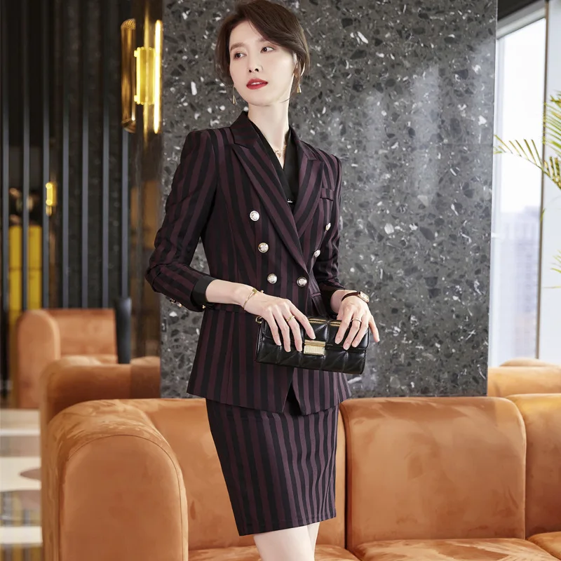 IZICFLY Fall Winter Uniform Business Outfit Suits with Trouser Wine Red Striped Office Professional Clothes For Women Work Wear