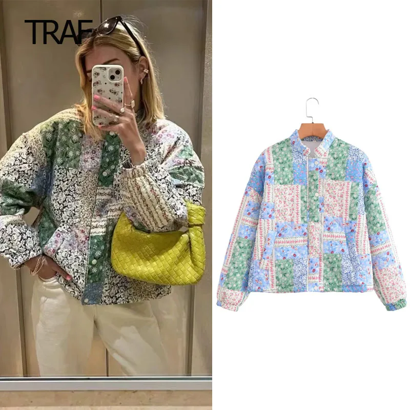 

TRAF Demi-Season Women's Coat Print Quilted Coat 2023 Long Sleeve Top New Outerwear Warm Quilted Jacket Luxury Designer Clothing