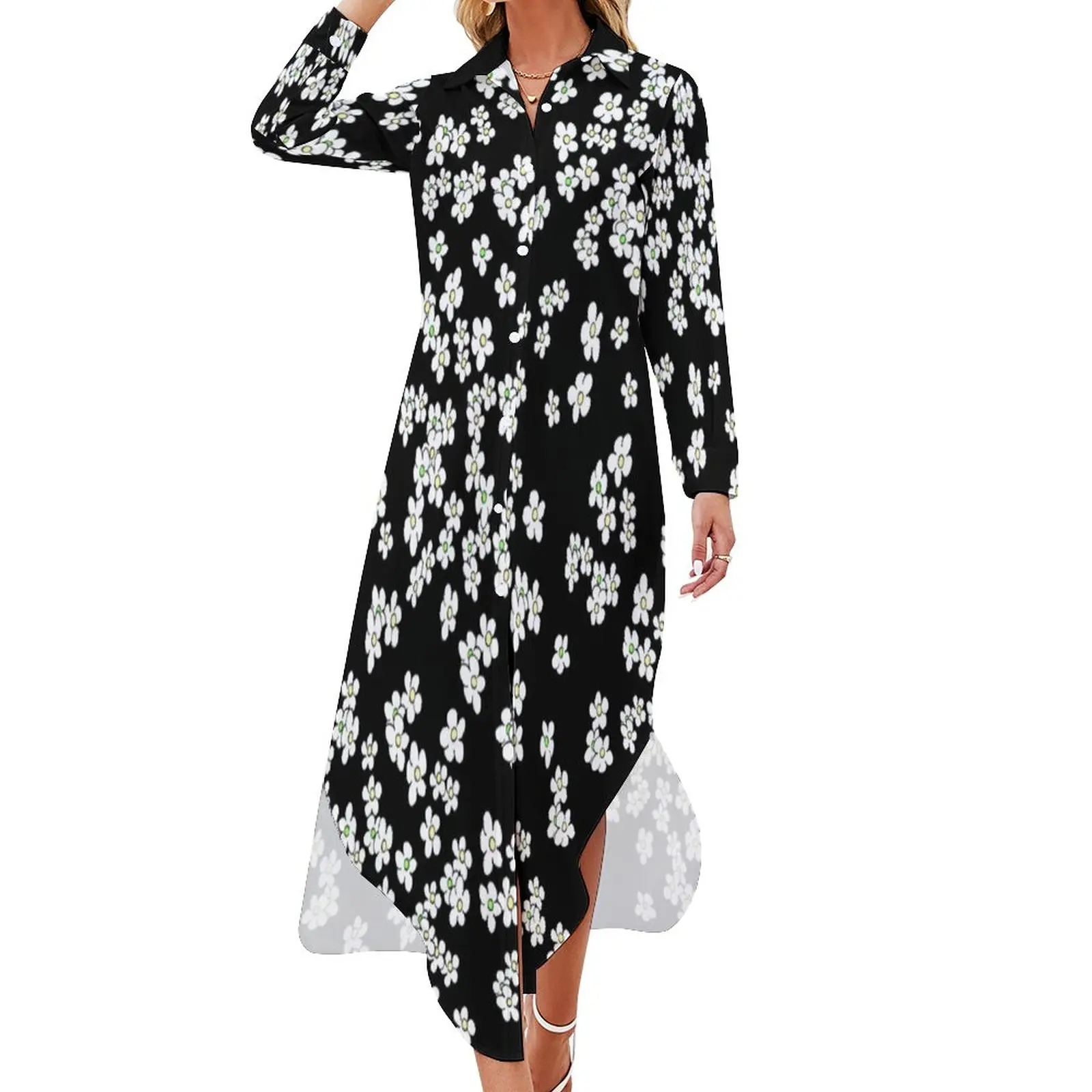 

Aussie Black White Daisies Casual Dress Spring Floral Print Korean Fashion Dresses Trendy Women V Neck Oversized Chiffon Dress