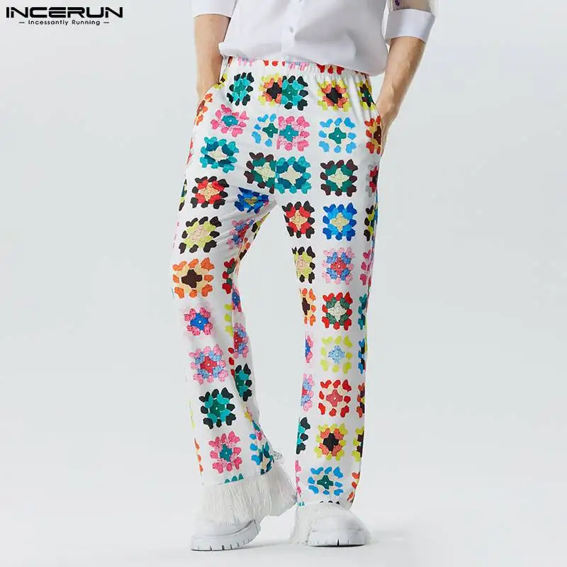

INCERUN 2023 American Style New Men Trousers Tracery Floral Tassel Patchwork Pants Fashion Casual Male All-match Pantalons S-5XL