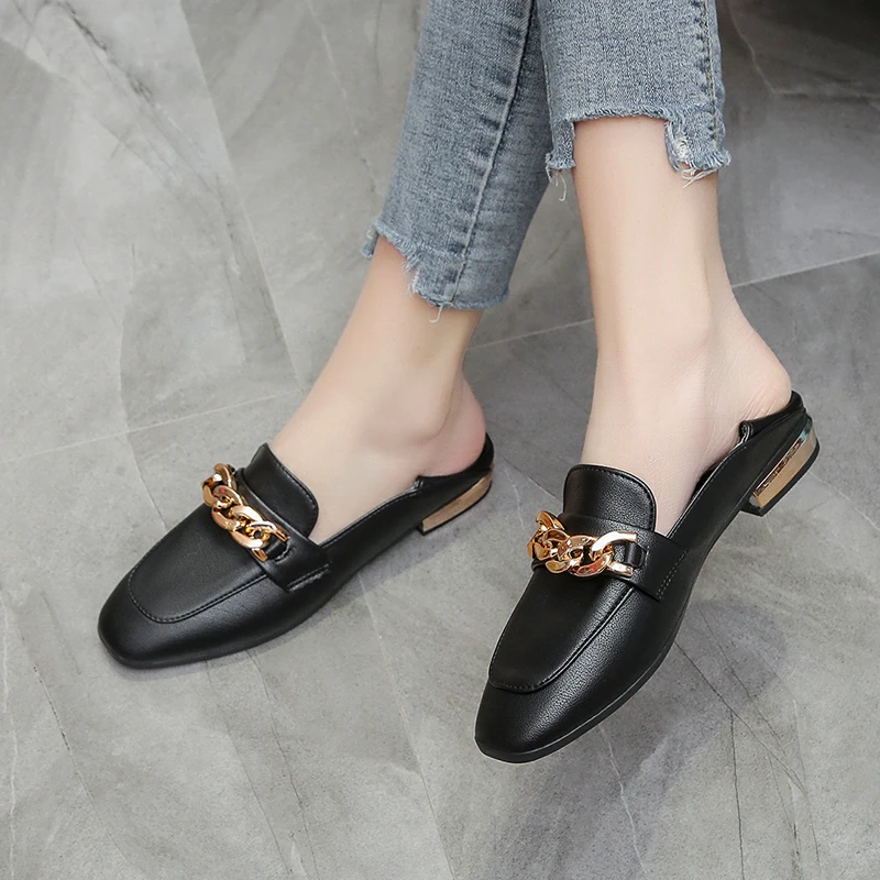 2022 spring and autumn fashion British style retro square head metal decorative women's shoes PU casual student flat shoes