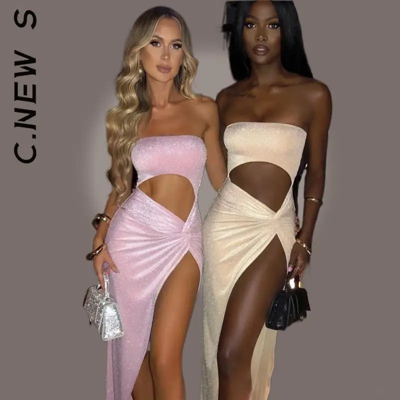 

C.New S Summer Sleeveless Backless Club Party Long Dress Sexy Hollow Out Strapless High Split Maxi Dress Women Gown Vestido