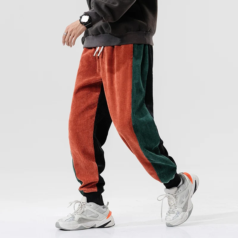 

2021 Men's Corduroy Fabric Casual Pants Loose Haren Pants Active Elastic Trousers Orange/black Joggers Sweatpants Big Size M-5XL