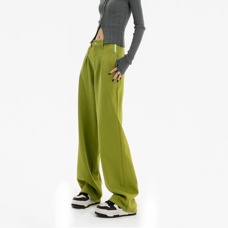 Spring and Autumn Jeans Women's Straight Loose Wide-Leg Pants Washed Green Wide-Leg Pants Mop Trousers
