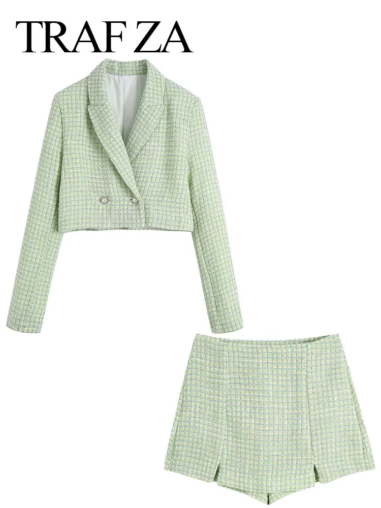 

TRAF ZA Commuter Office Blazer Set Long Sleeve Pearl Button Suit Collar Coat + Print Simple Slim Sexy Zipper Versatile Shorts