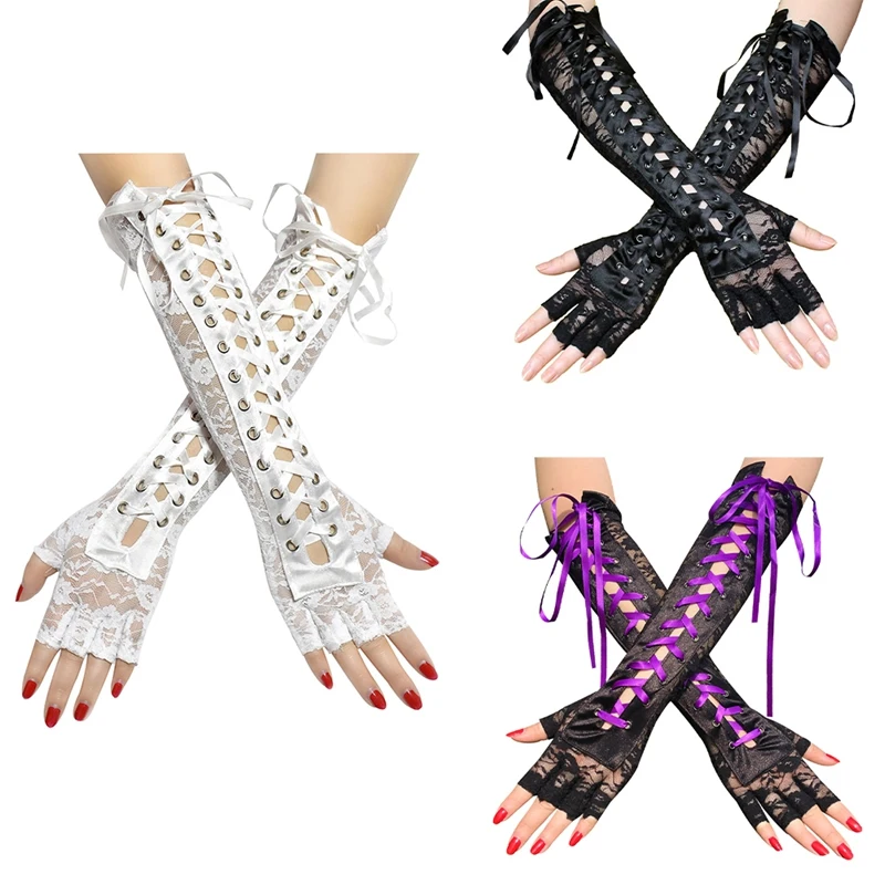 

Sexy Lace Lace Gloves Long Ribbon Rivet Half Finger Ceremonial Ball Gloves