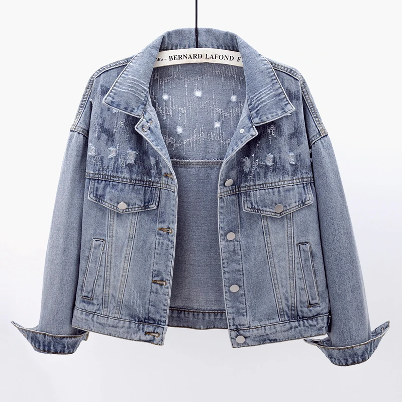 

Vintage Blue Short Sequins Denim Jackets Women Spring Autumn Loose Casual Outerwear Frayed Long Sleeve Jeans Jacket Coat Female