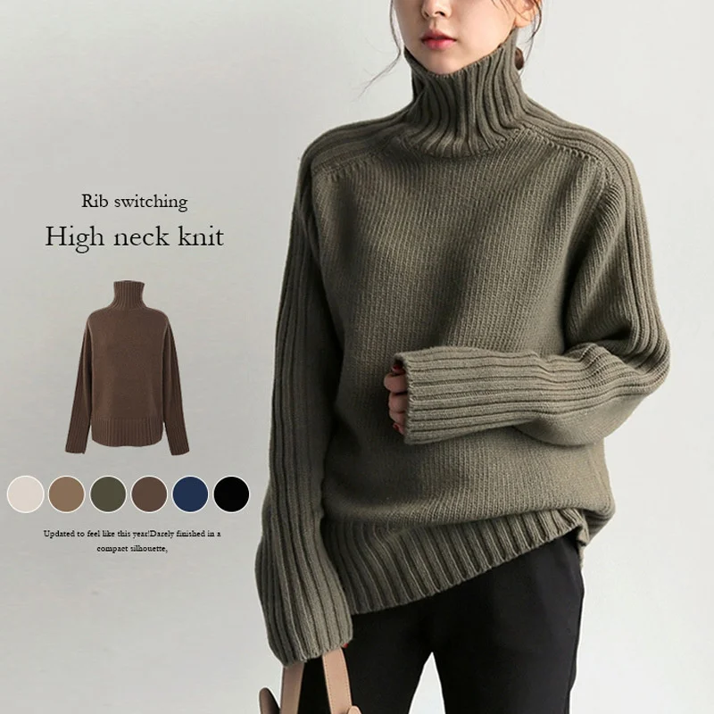 

Women Ribbed Turtleneck Sweater Beige Green Chunky Sweater