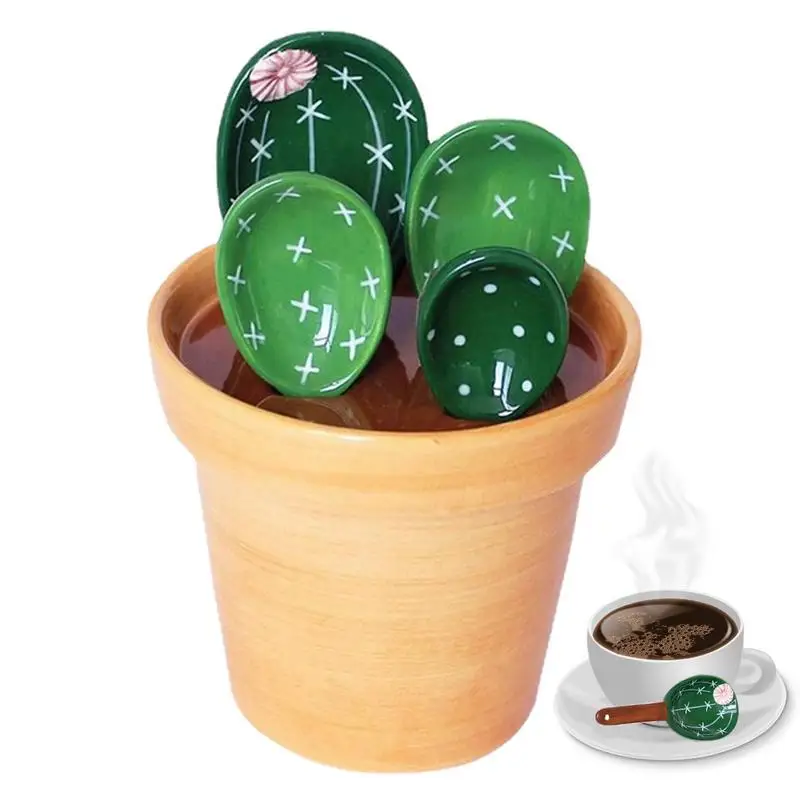 

4pcs Cactus Measuring Spoons And 1 Cup Set Cute Ceramic Measuring Spoon With Holder For Baking Salt Sugar Seasonings Coffee