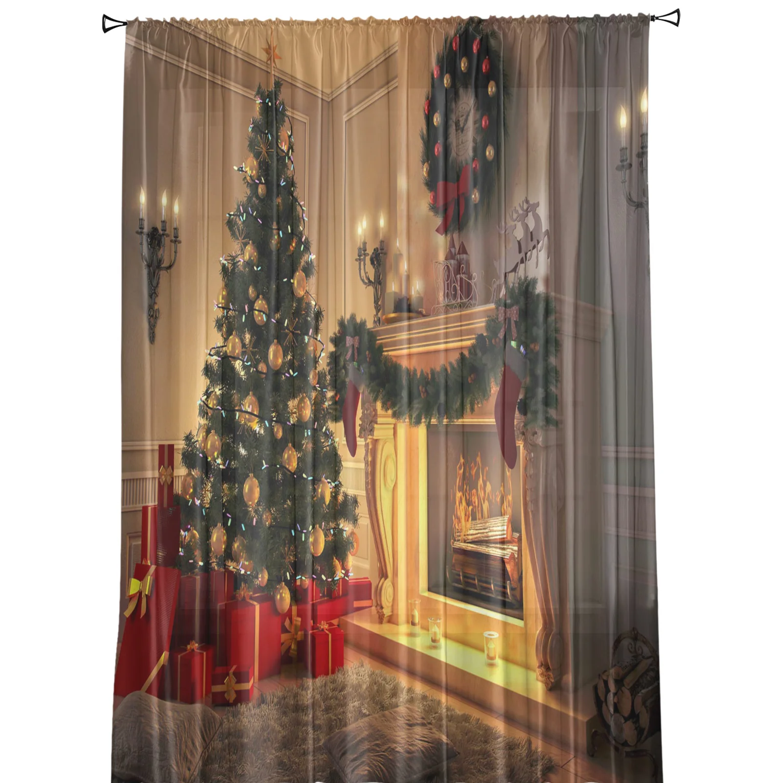 Рождественский венок на елку подарки камин тюлевые прозрачные Занавески для