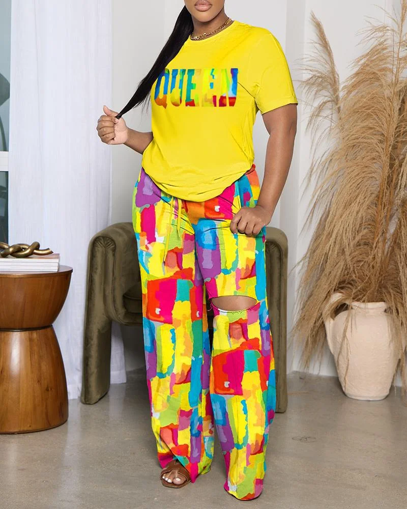 

KEXU Fashion Women's Set Short Sleeve T-shirt and Cutout Tie Dye Striped Pants Suit 2023 Summer Two 2 Piece Set Outfit Tracksuit