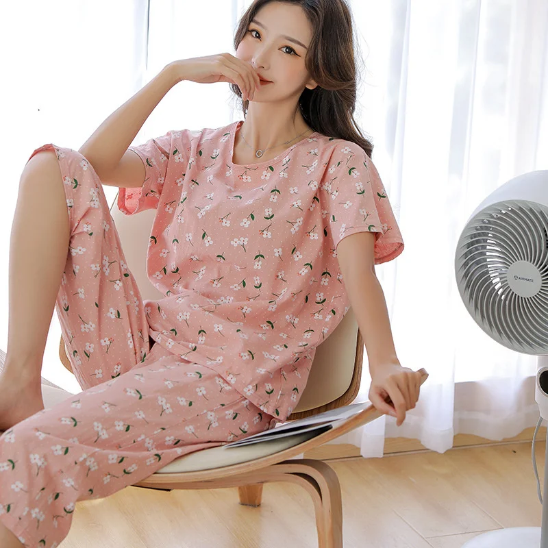 Cotton Gauze Pajamas Women's Summer Short Sleeved Capri Pants Set Japanese Sweet Floral Pure Cotton Home Clothes