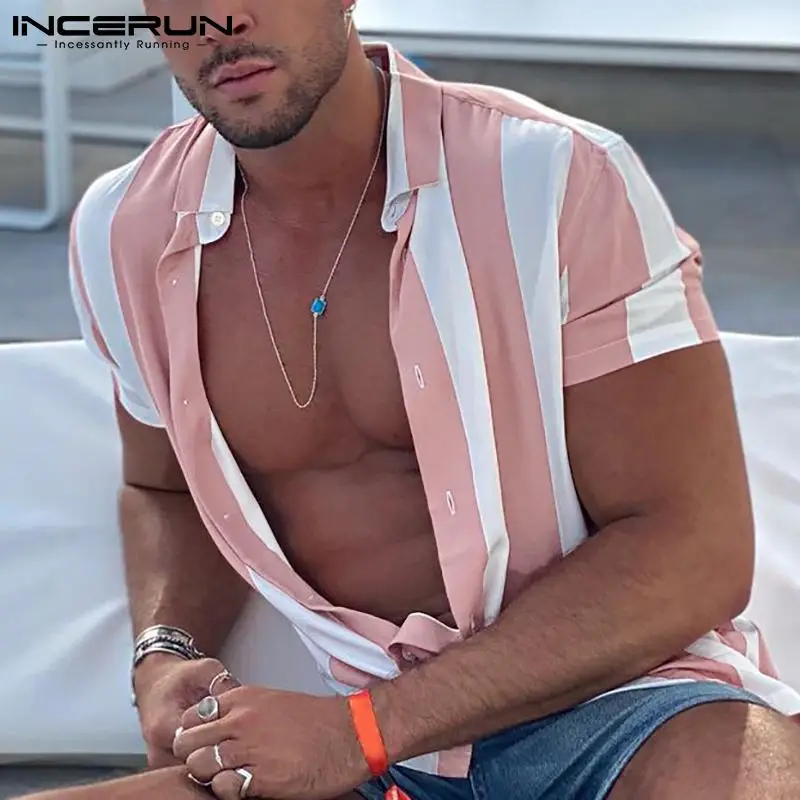 

Fashion Men Striped Shirt Lapel Short Sleeve Streetwear Summer Hawaiian Shirts Men 2022 Vacation Casual Camisas S-5XL INCERUN