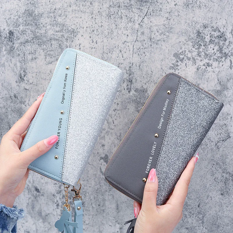Fashion Women Sequin Patchwork Glitter Wallet Female Pu Leather Long Coin Purses Ladies Multifunction Wristband Clutch Phone Bag