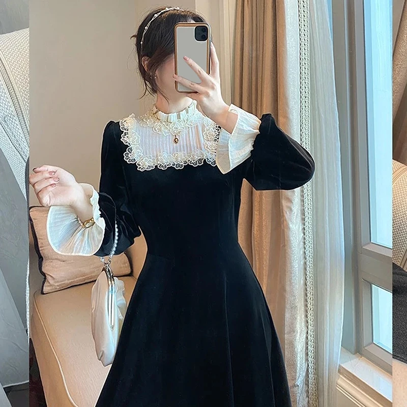 

Элегантное корейское платье 2022, французское осеннее платье, винтажное черное бархатное женское вечернее кружевное платье