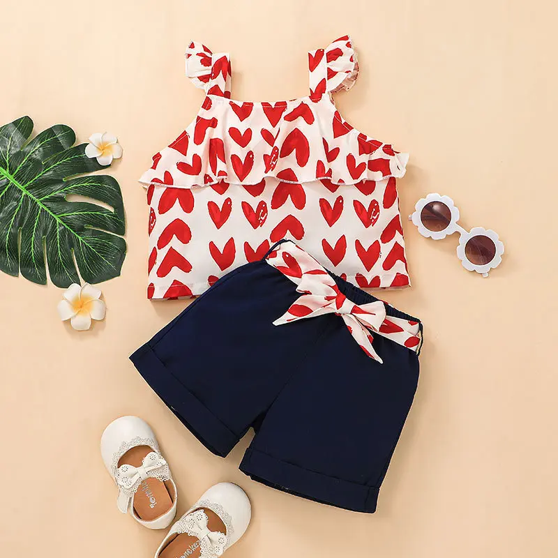 

Kids Summer Outfit 2022 Europe and America Heart Print Sleeveless Tank Tops and Shorts Girls 2 Piece Set Children Bebes Clothing