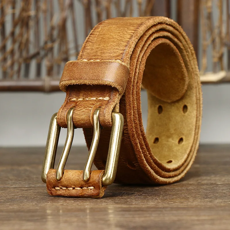 3.8cm Cowskin Genuine Leather Brass Copper Double Needle Pin Buckle Luxury Thick Retro High Quality Belt Men Jeans Designer Belt