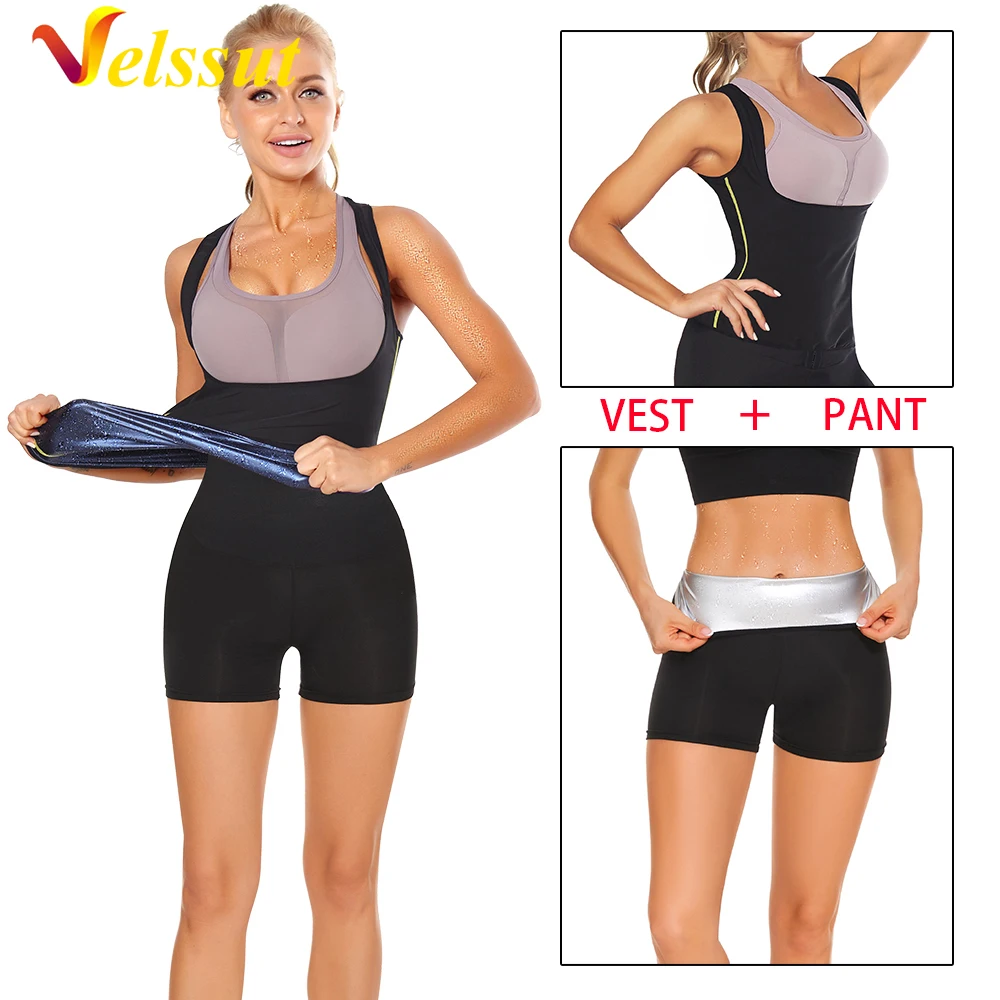 

Velssut Women Sauna Vest Pants for Weight Loss Hot Sweat Tank Top Shorts Fat Burner Slimming Workout Fitness Body Shaper Sport