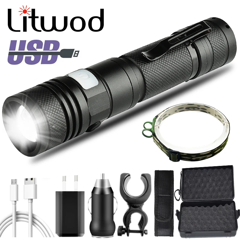 

Led Flashlight Litwod XM-L2 U3 USB Rechargeable Torch Adjustable Zoomable Focus 3 Switch Modes Waterproof 18650 Battery Black