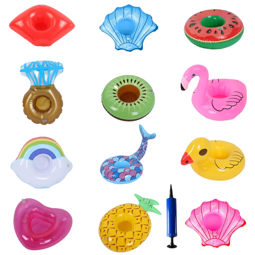 

12pcs Pool Party Supplies Inflatable Drink Holder Floats for Mermaid Hawaii Parties and Kids Water Fun Toys with Mini Air Pump