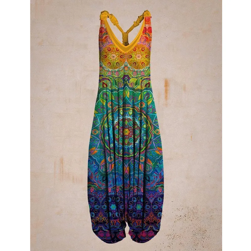 Summer Ethnic Print Rompers Women Casual Loose Straps Backless Jumpsuits Wide Leg Harem Pants Female Playsuit Beach Bib Overalls