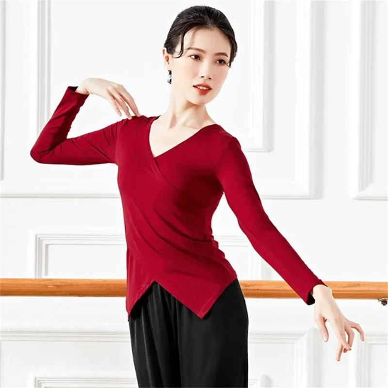 

Fashion Spring Adult Women Elastic Latin Dance Base Shirts Modal Qualitly Cross-collared Latin Dance Top