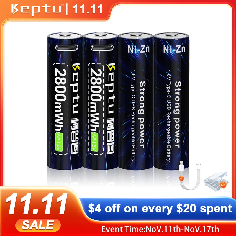 

KEPTU AA battery Ni-Zn AA Rechargeable Battery 1.6V 2800mWh aa bateria USB aa Batteries for Toys Camera batteries