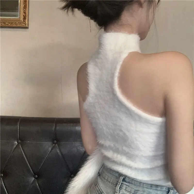 

Y2k Sexy Faux Mink Fleece Jumper Camisole Vest Women's Autumn Winter Braless Sleeveless Top Knitted Jackets