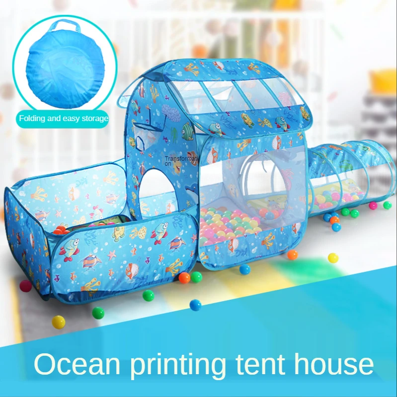 

Children's Indoor Crawling Folding Ocean Printing Two-in-one Play House Tunnel Tent Throwing Basketball Pool Baby Toy