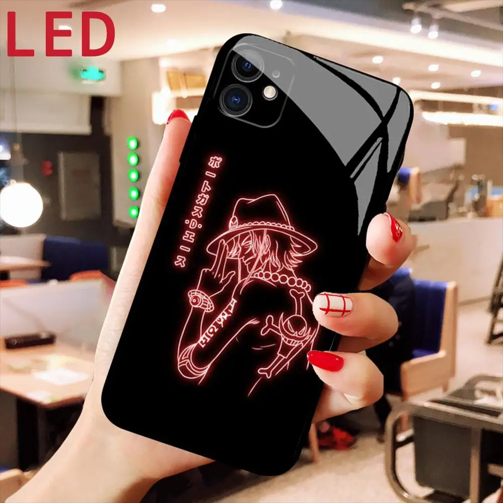 

One Piece LED Luminous Call Light Flash Glass phone Case For IPhone 13 12 11 Pro Max Mini X XS Max 8Plus cover