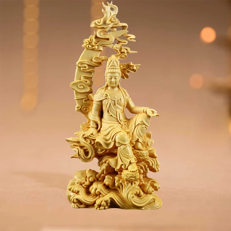 

Wooden Handmade Goddess Guanyin Sits on Moon Figurine Statue Home Decoration Hand Carved Guanyin Buddha Sculpture