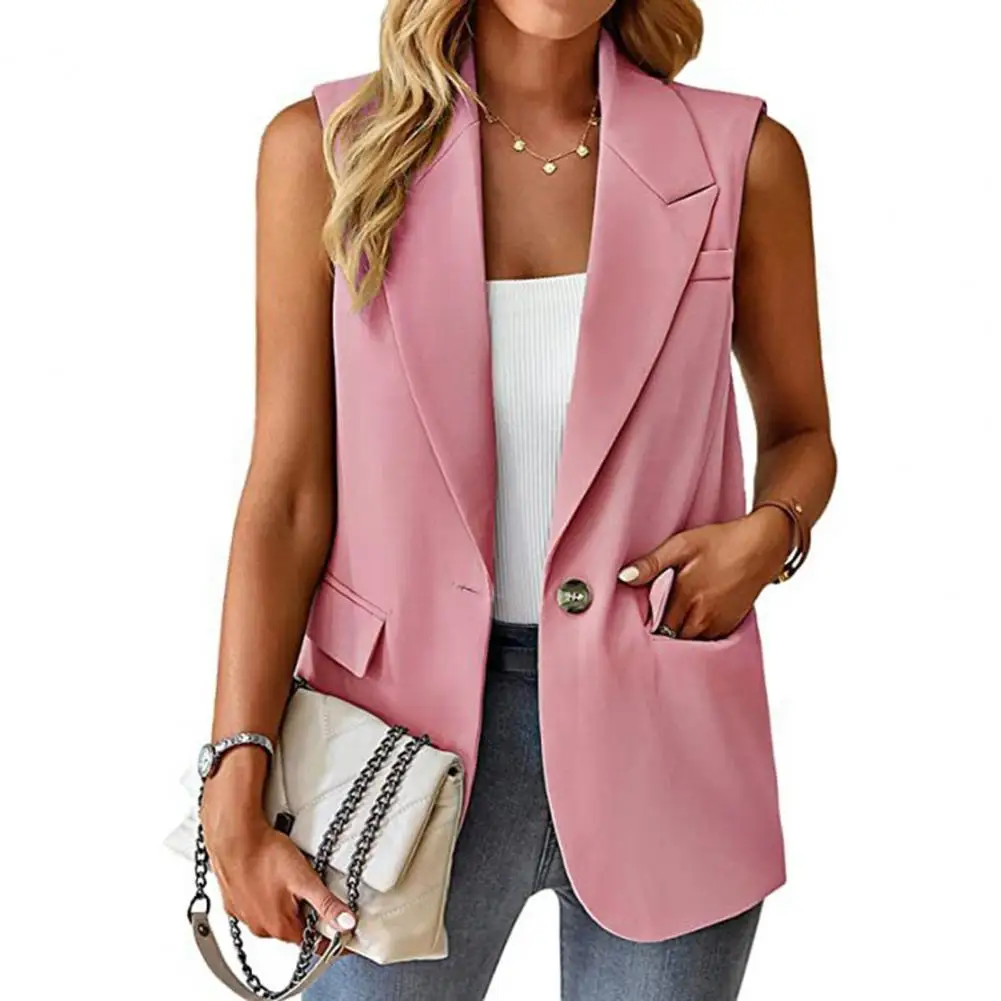 Women Suit Coat Stylish Women's Sleeveless Elegant Lapel Single Button Mid-length Suit Coat for Formal Business Commute
