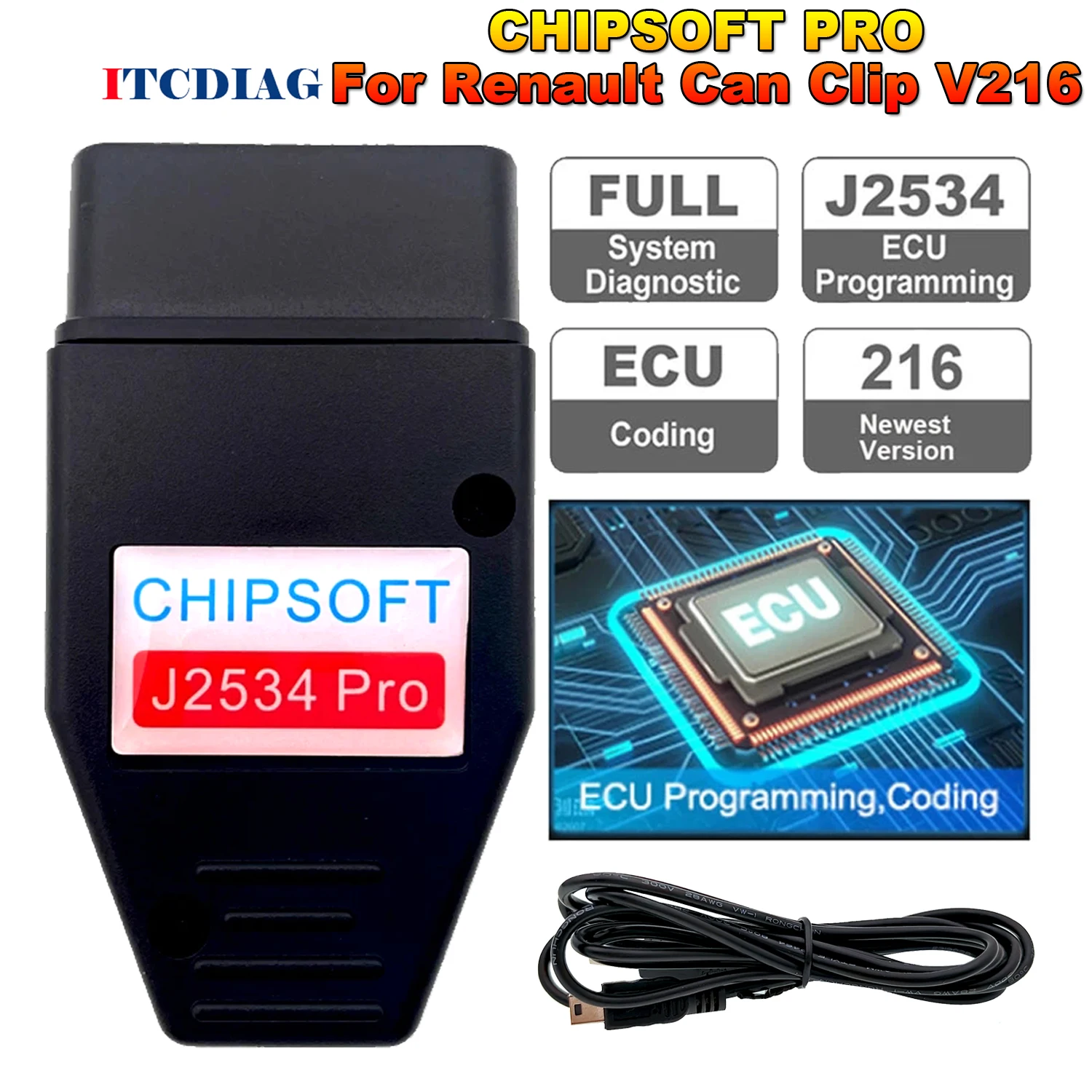 Диагностический кабель Chipsoft Pro для Renault Can Clip V216 VCI, OBD 2 Автомобильный диагностический инструмент J2534, программируемый ECU код, чтение чистого TPMS
