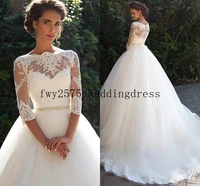 modest a line wedding dresses with half sleeves lace bateau neck beading sash sweep train plus size beach garden bridal gown
