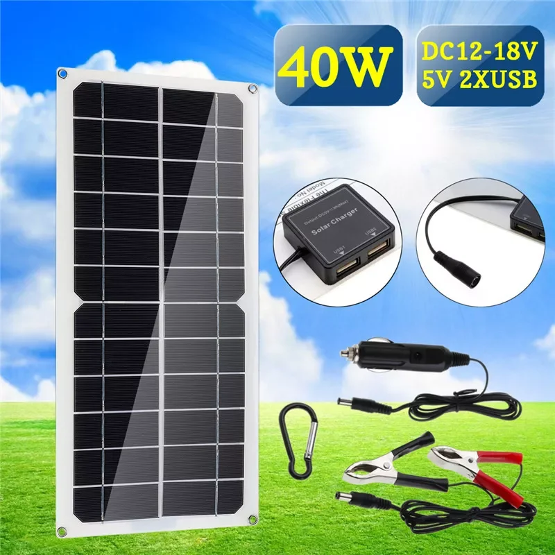

NEW 40W Solar Panel Monocrystalline Silicon Cell Solar Panel Double USB Interface with Cigarette Lighter Plug Outdoors DC12-18V
