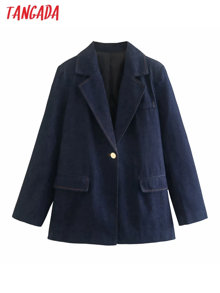 

Tangada Women 2022 Fashion Denim Blazer Coat Vintage Long Sleeve Female Outerwear QD148