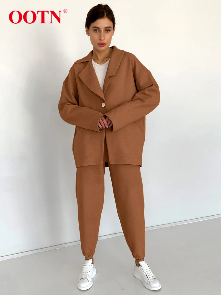 

OOTN элегантные коричневые пальто с вырезом и высокой талией, длинные брюки-карандаш, топы на одной пуговице, комплекты из 2 предметов, офисные костюмы для женщин, осень 2023